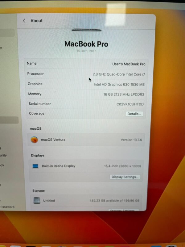 MacBook Pro 15″ 2017 Quad-Core Intel Core I7 16GB/512GB - Image 4