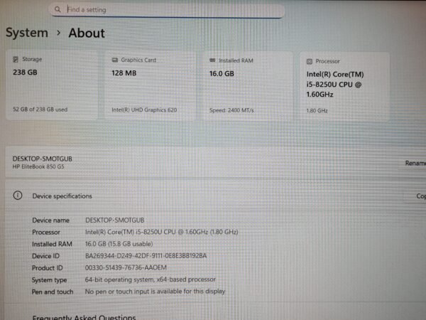 HP EliteBook 850 G5 - Intel i5-8250U / 16GB RAM / 256GB SSD - Image 5
