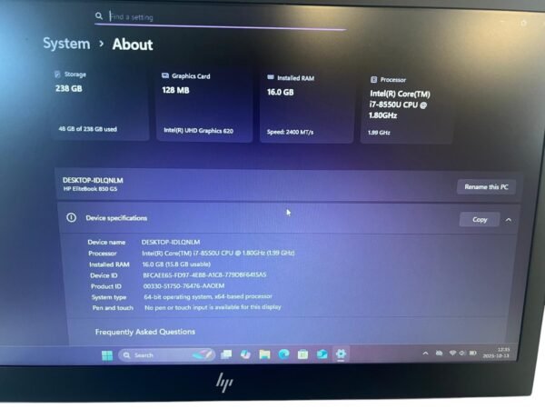 HP EliteBook 850 G5 - Intel i7-8550U / 16GB RAM / 256GB SSD - Image 4